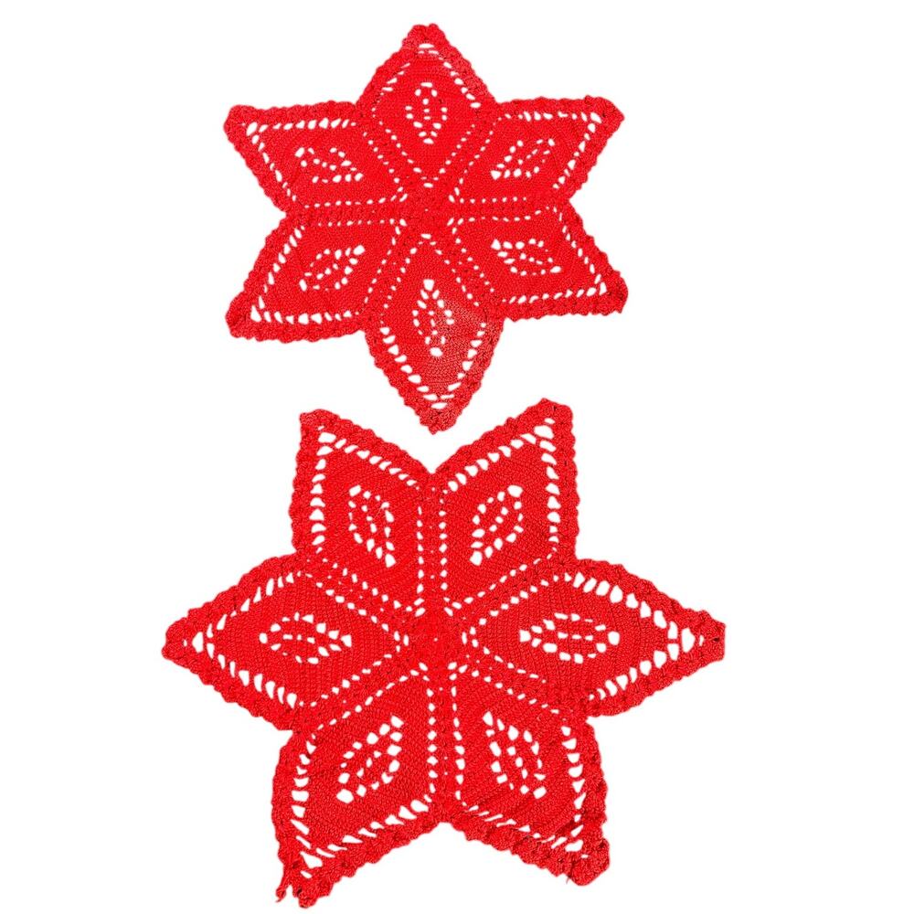 Red Star Crochet Doilies- set of two- pop of color knit cottagecore VTG handmade